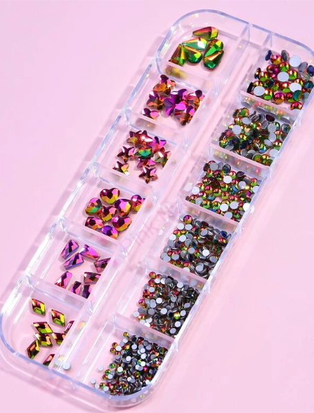 Zdobení nehtů - Kamínky mix XL balení - 12 různých druhů pink rainbow